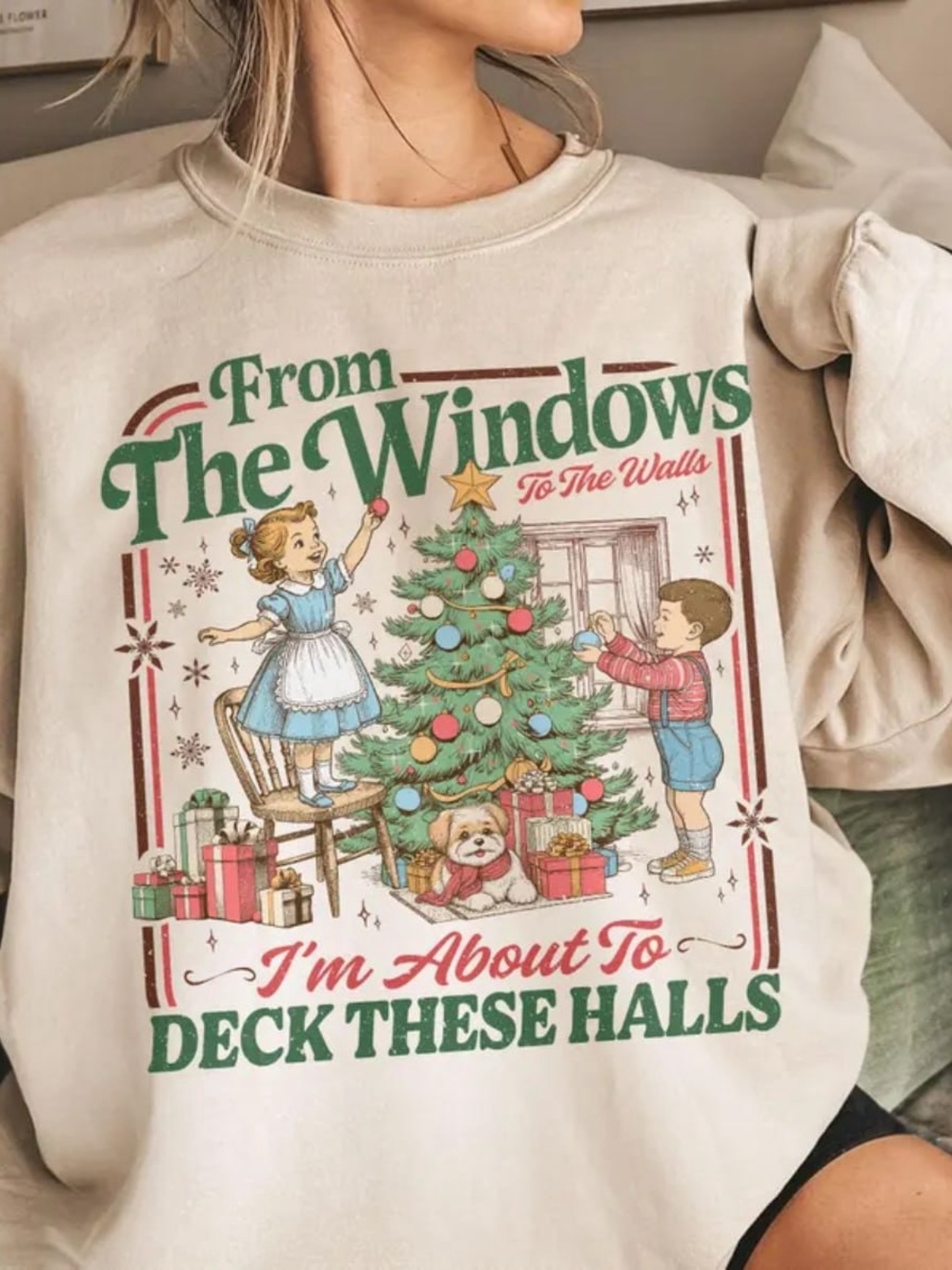 Holiday Sweatshirt "Deck These Halls" Vintage Tree Graphic